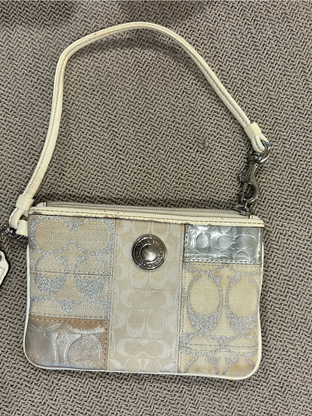 Coach Patchwork Signature Wristlet in Cream and Silver